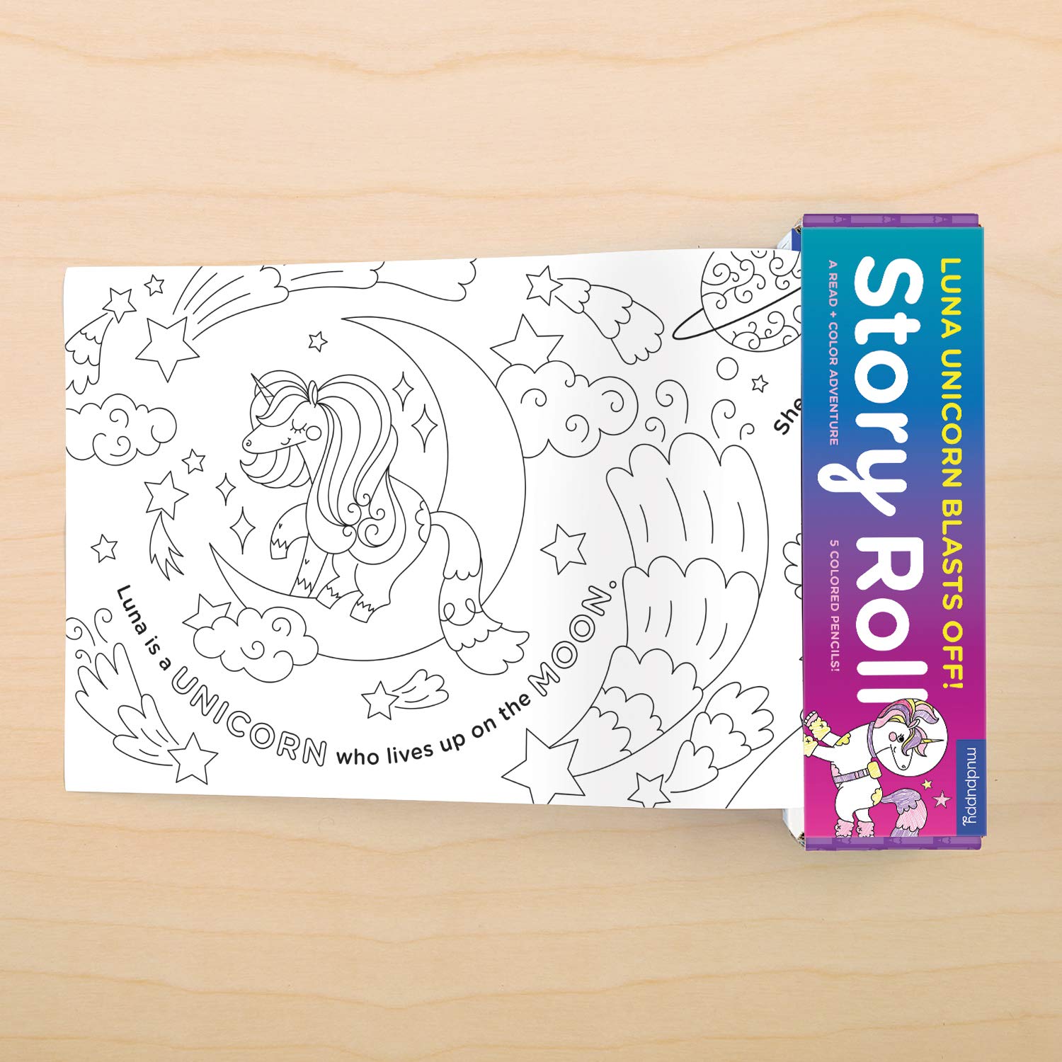 Mudpuppy Luna Unicorn Blasts Off! Story Roll – Continuous Story and Unicorn Coloring Paper Roll Measuring 8 Feet – 5 Colored Pencils Included – A Read & Color Adventure for Kids 4+, Multicolor - Image 4