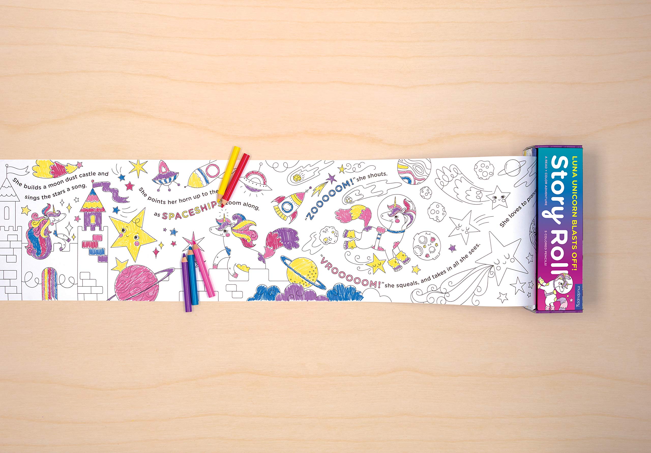Mudpuppy Luna Unicorn Blasts Off! Story Roll – Continuous Story and Unicorn Coloring Paper Roll Measuring 8 Feet – 5 Colored Pencils Included – A Read & Color Adventure for Kids 4+, Multicolor - Image 6