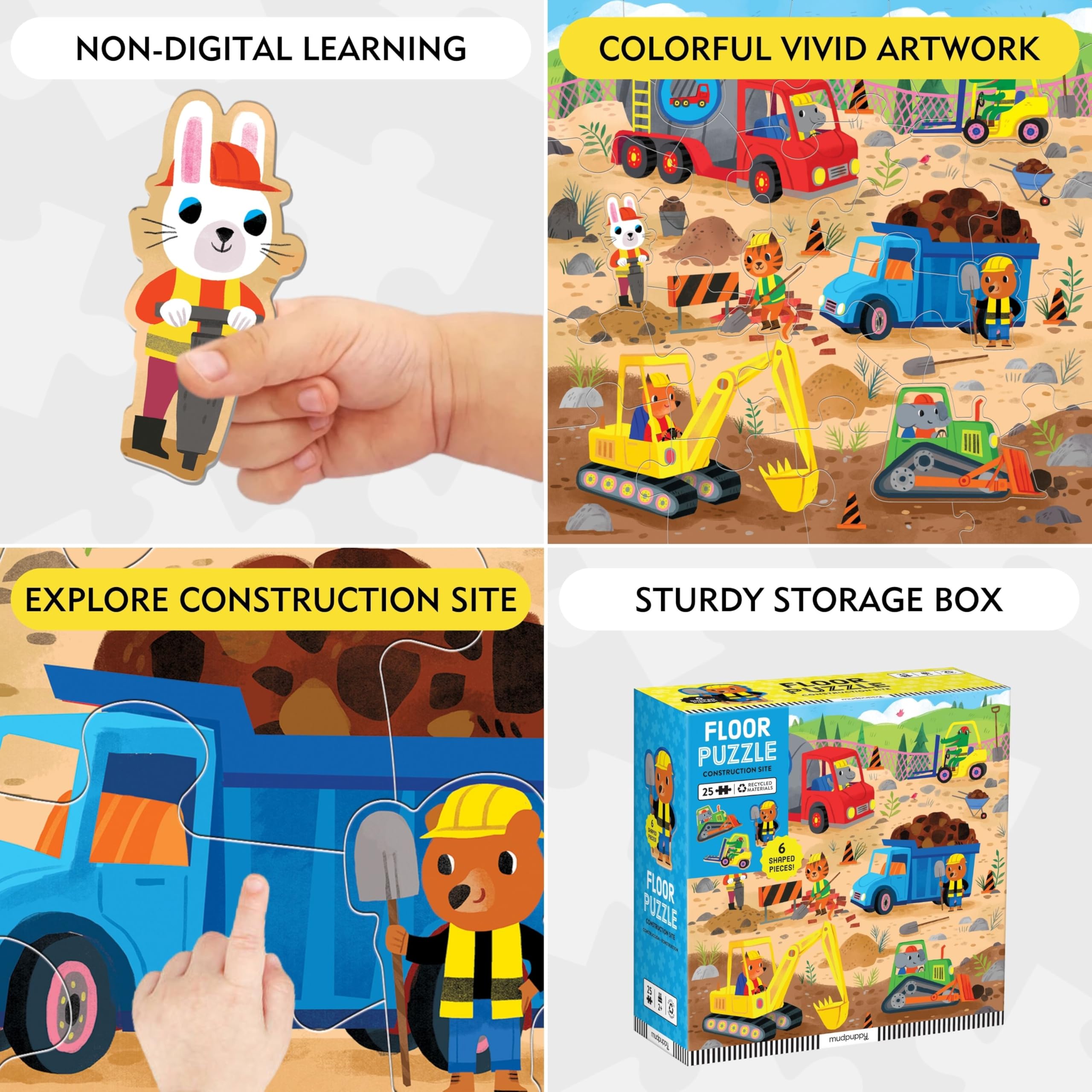 Mudpuppy’s Construction Site 25 Piece Floor Puzzle, Features 25 Colorful, Oversized Pieces, Includes 6 Special Shaped Pieces of Animal Workers, Bulldozers and More, Ages 2+, Great Gift Idea! - Image 5