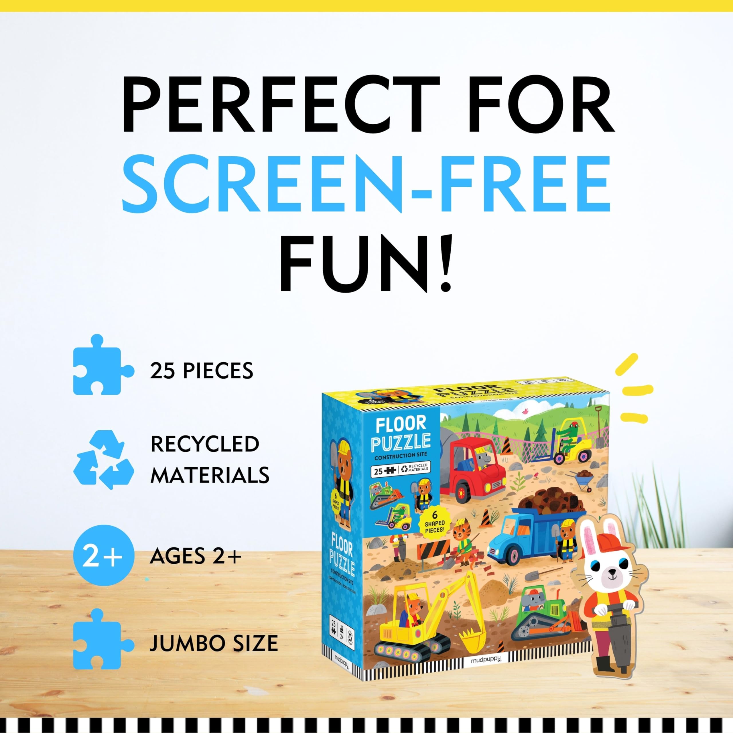 Mudpuppy’s Construction Site 25 Piece Floor Puzzle, Features 25 Colorful, Oversized Pieces, Includes 6 Special Shaped Pieces of Animal Workers, Bulldozers and More, Ages 2+, Great Gift Idea! - Image 6