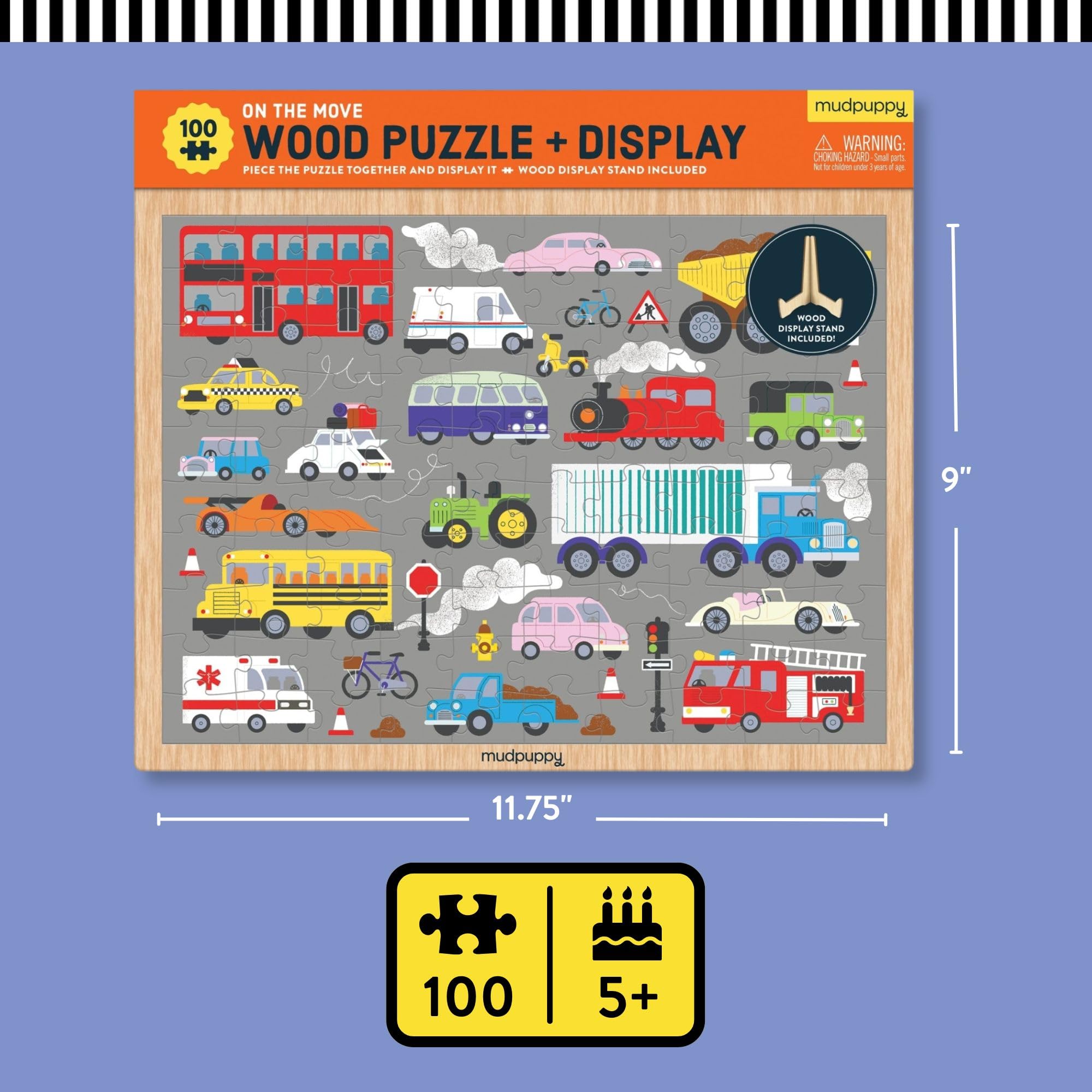 Mudpuppy’s On The Move 100 Piece Wood Puzzle, Includes 100 Wooden Jigsaw Pieces, Colorful Illustrations of Your Favorite Vehicles, Ages 5+, Display Stand Included, Turn Your Puzzle into Home Décor! - Image 3
