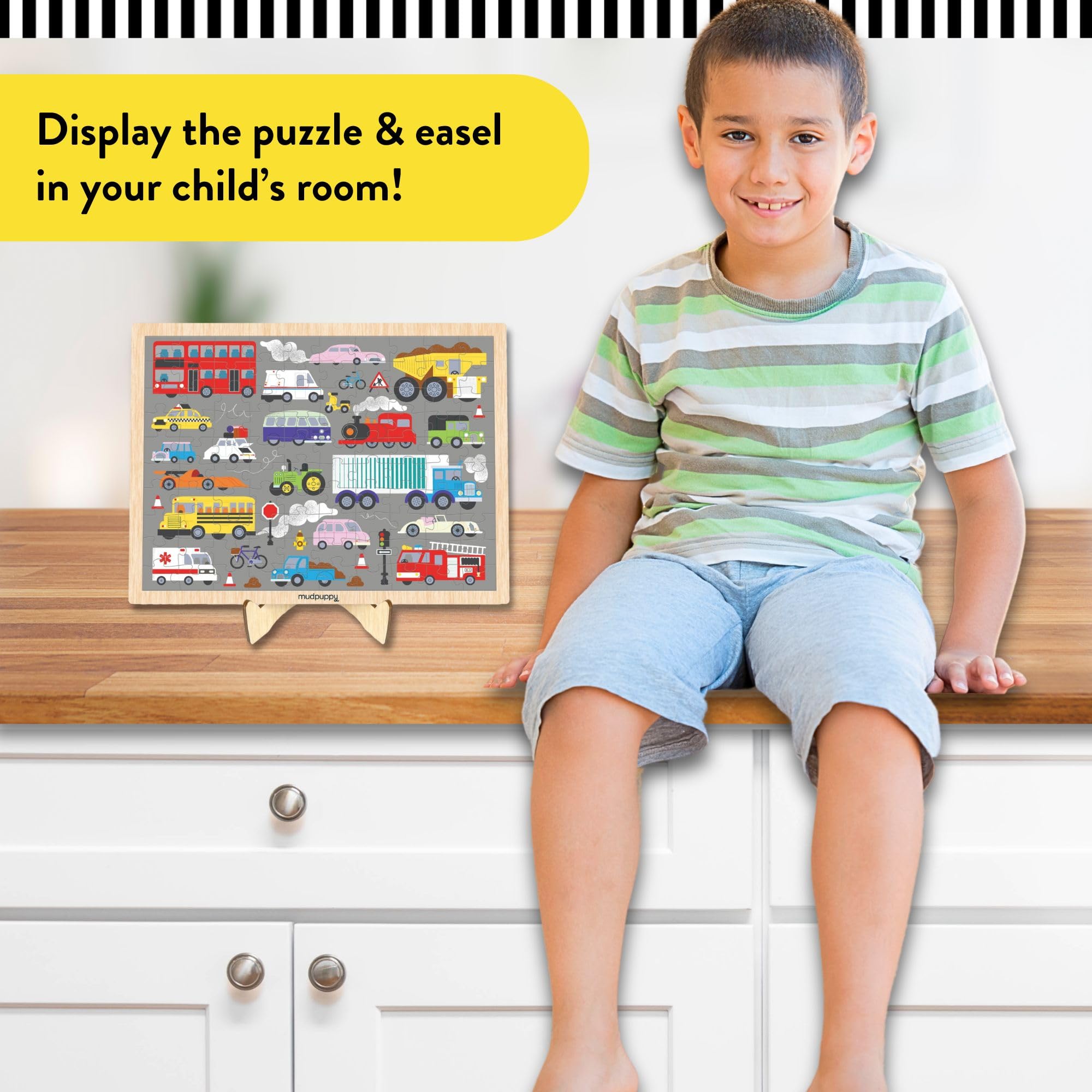 Mudpuppy’s On The Move 100 Piece Wood Puzzle, Includes 100 Wooden Jigsaw Pieces, Colorful Illustrations of Your Favorite Vehicles, Ages 5+, Display Stand Included, Turn Your Puzzle into Home Décor! - Image 4