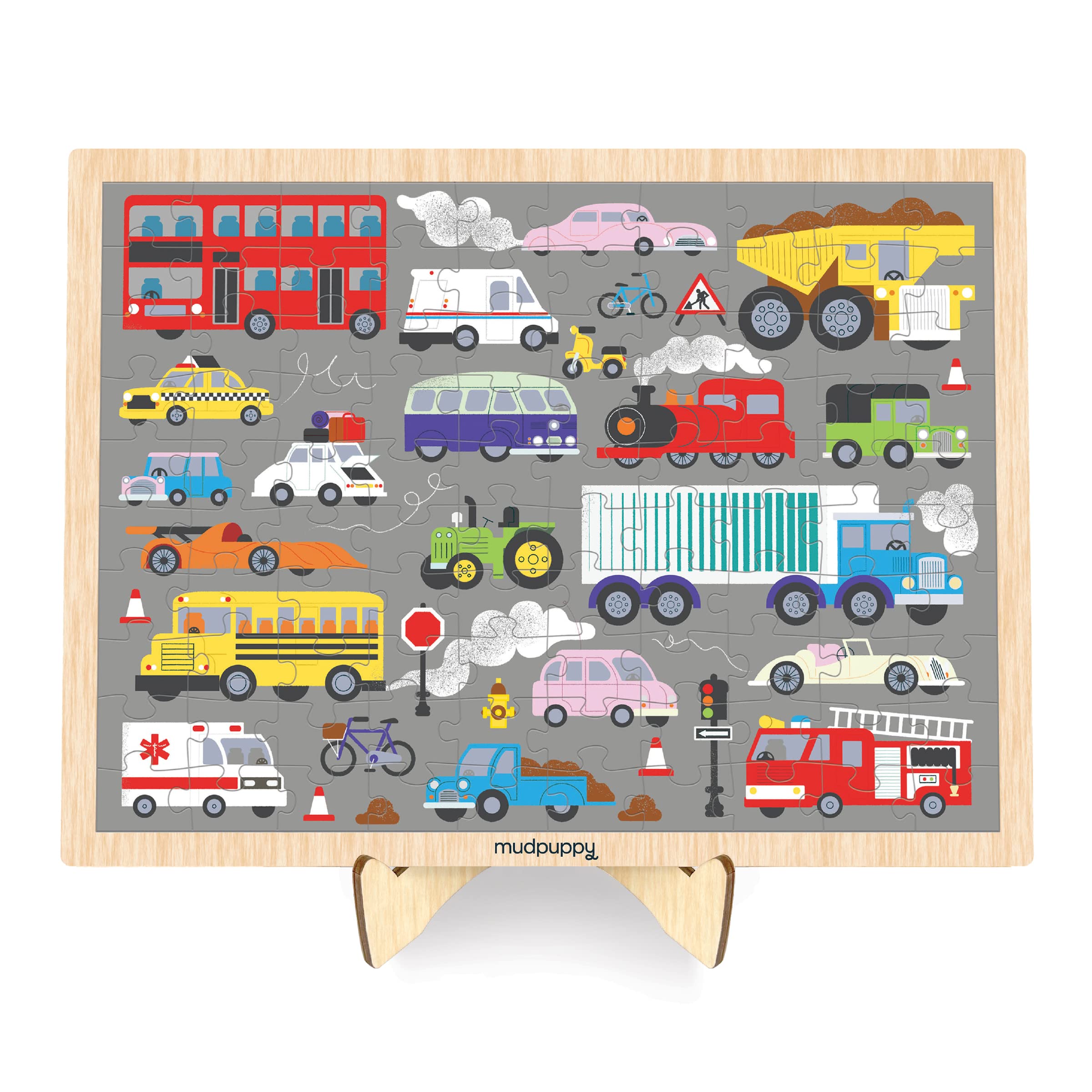 Mudpuppy’s On The Move 100 Piece Wood Puzzle, Includes 100 Wooden Jigsaw Pieces, Colorful Illustrations of Your Favorite Vehicles, Ages 5+, Display Stand Included, Turn Your Puzzle into Home Décor! - Image 5