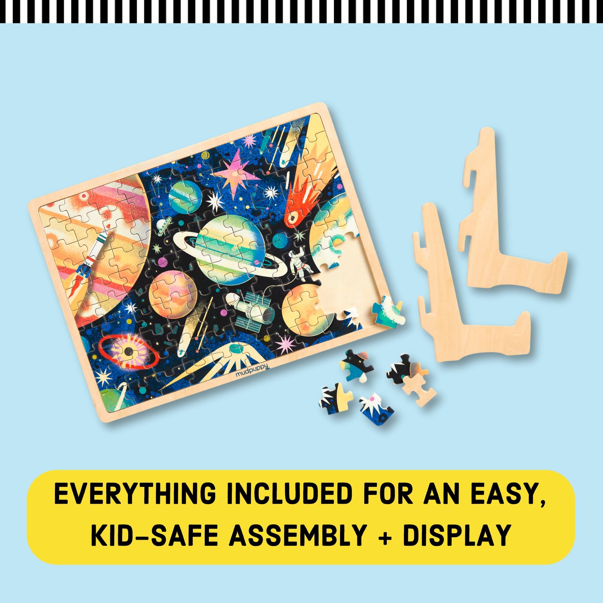 Mudpuppy Space Mission – 100 Piece Wooden Puzzle and Display Stand for Room Decor with Bright and Bold Illustrations of Outerspace for Kids - Image 4