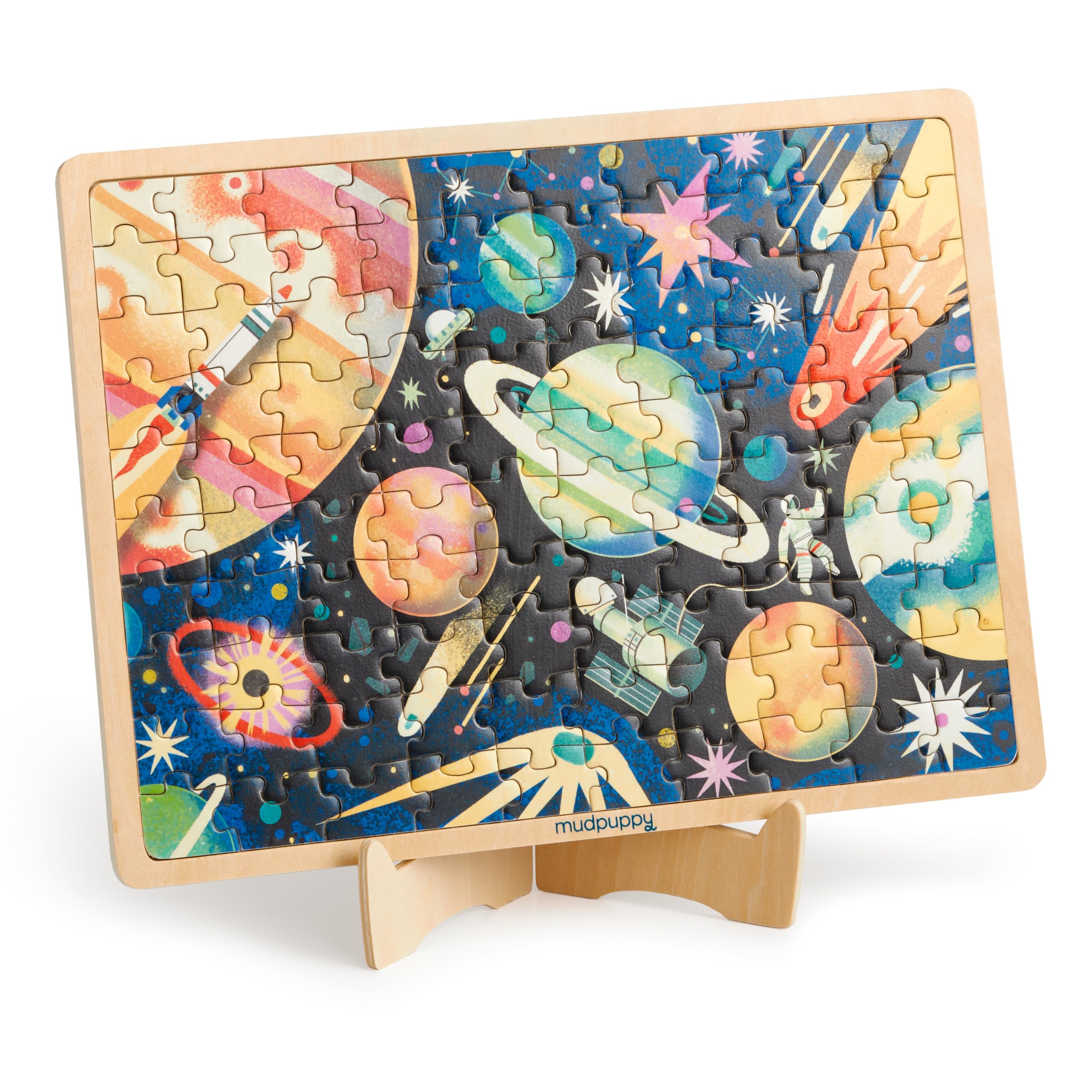 Mudpuppy Space Mission – 100 Piece Wooden Puzzle and Display Stand for Room Decor with Bright and Bold Illustrations of Outerspace for Kids - Image 6